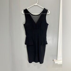 Bebe Little Black Stretchy Peplum Mini Clubwear Dress Bodycon Mesh Sleeveless